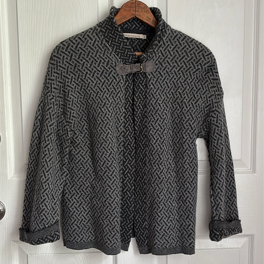 CHIARAMENTE grey wool open front cardigan made in Italy size Small belt closure